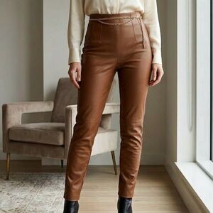 Zara Cognac Camel Brown Faux Vegan Leather High-Rise Pull-On Pants Quite Luxe